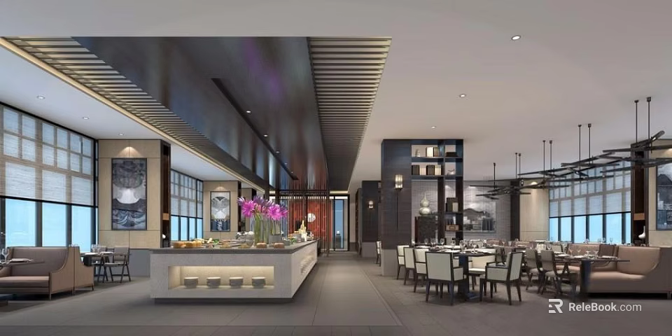 Elegant Restaurant Interior Design with Buffet Counter Purple Flowers Dining Tables and Chairs 3d model 