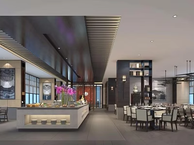 Elegant Restaurant Interior Design with Buffet Counter Purple Flowers Dining Tables and Chairs 3d model