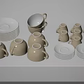 Cream Colored Ceramic Tea Cups With Stacked Saucers On White Surface 3d model