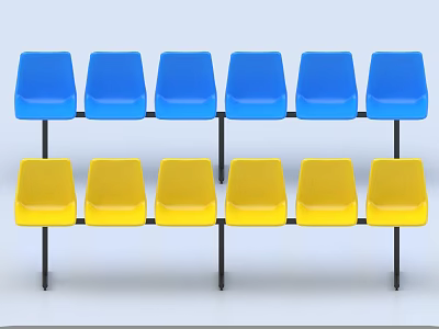 Public Chairs With Blue And Yellow Seats And Black Frames In Two Rows 3d model