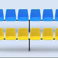 Public Chairs With Blue And Yellow Seats And Black Frames In Two Rows