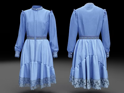 Light Blue High Neck Long Sleeve Dress With Lace Trim Waist Belt Front Back Views 3d model