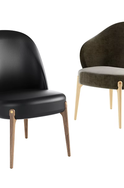Two Modern Dining Chairs Black Leather and Green Velvet with Wooden Legs 3d model