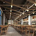 Modern Restaurant Interior With Wooden Ceiling Hanging Lights Wooden Tables And Large Windows