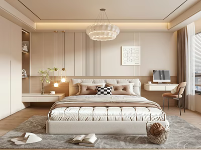 Modern Bedroom Interior Featuring Large Bed Chandelier Wall Art Desk Chair Rug And Decor Items 3d model