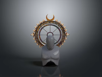 Decorative Wheel Structure With Crescent Moon And Golden Decorations On Mannequin Torso 3d model