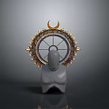 Decorative Wheel Structure With Crescent Moon And Golden Decorations On Mannequin Torso