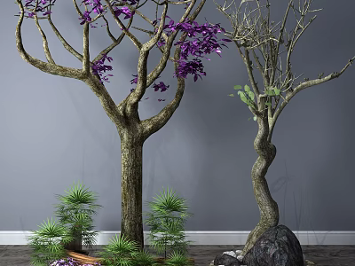 Trees Featuring Purple Leaves and Twisted Trunk with Small Green Plants on Wooden Floor 3d model