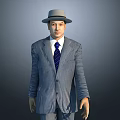 Two Men in Gray Suits with Blue Ties Wearing Hats Against Gray Background