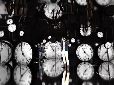Stylish Clock Themed Photo Spot With People And Multiple Hanging Clocks 3d model