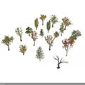 Collection of Various Plants with Green Orange Red Leaves and Bare Tree Models