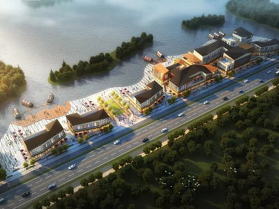 Scenic Lakefront Commercial Street with Traditional Buildings Trees and Waterfront Views 3d model