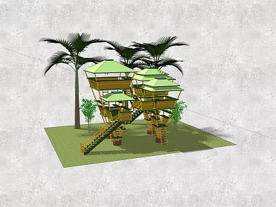 Garden Ornament Treehouse with Green Roof Surrounded by Palm Trees and Staircase with Green Plants 3d model