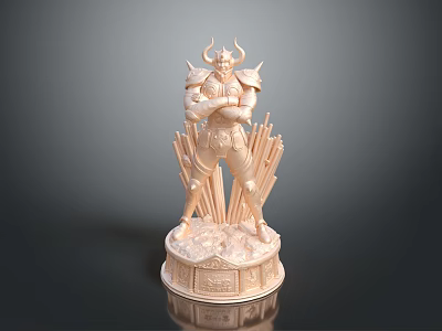 Horned Armored Warrior Statue With Crossed Arms Decorative Base And Spear Like Elements 3d model