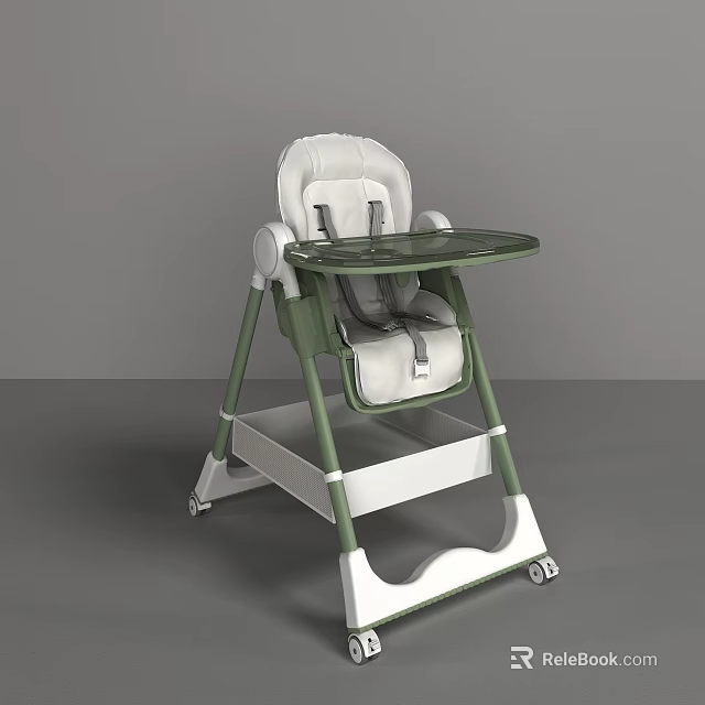 White and Green Baby High Chair with Padded Seat Tray and Wheels 3d model 