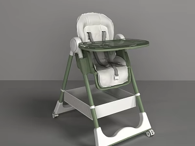 White and Green Baby High Chair with Padded Seat Tray and Wheels 3d model