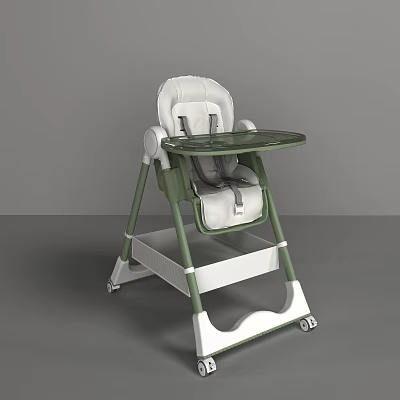 White and Green Baby High Chair with Padded Seat Tray and Wheels 3d model