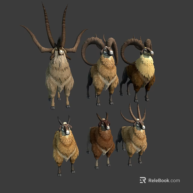 Mountain Goats With Large Curved Horns And Thick Fur In Multiple Poses And Color Variations 3d model 