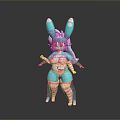 Turquoise Bunny Eared Game and Movie Character With White Hair Pink Eyes Striped Clothing