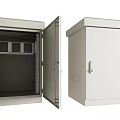 Industrial Electrical Control Cabinet White Open Door Showing Internal Mounting Brackets And Closed State