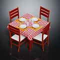 Wooden Dining Table With Four Chairs And Red White Checkered Tablecloth With White Plates