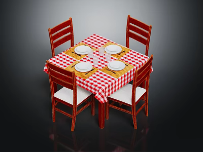Wooden Dining Table With Four Chairs And Red White Checkered Tablecloth With White Plates 3d model