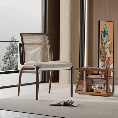 Modern Dining Chair With Wooden Frame Mesh Backrest Light Cushion And Side Table 3d model