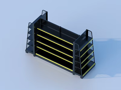 Black Multi Tiered Retail Display Shelving Unit With Yellow Accent Strips And Grid Side Panels 3d model
