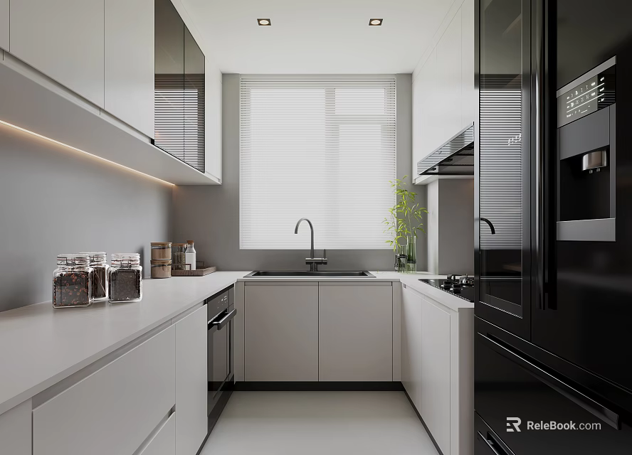Modern Kitchen Interior With White Cabinets Black Appliances And Island Countertop 3d model 