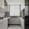 Modern Kitchen Interior With White Cabinets Black Appliances And Island Countertop