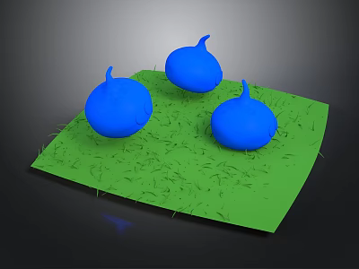 Green Grassy Surface With Three Blue Bulbous Shapes And Textured Design 3d model