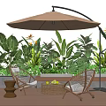 Stylish Wicker Outdoor Chairs with Cantilever Umbrella and Green Plants on Patio