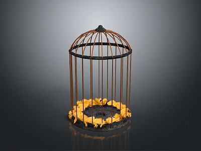 Decorative Metal Birdcage Equipment With Yellow Flowers On Dark Background 3d model