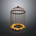 Decorative Metal Birdcage Equipment With Yellow Flowers On Dark Background