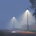 Scenic Evening Landscape With White House Wooden Fence Street Lamps Wet Ground And Foggy Atmosphere