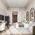 Elegant Modern Hotel Guest Room With Twin Beds Arched Headboards Pendant Lights And Decorative Painting