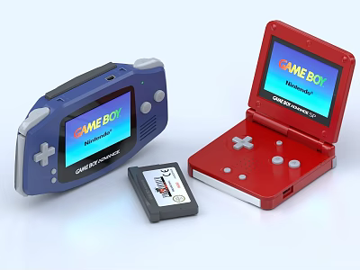 Colorful Game Boy Portable Gaming Consoles With Blue Red Designs And Game Cartridge 3d model