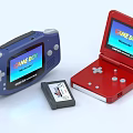 Colorful Game Boy Portable Gaming Consoles With Blue Red Designs And Game Cartridge