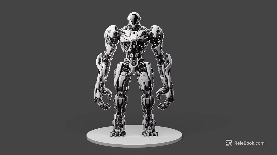 Futuristic Silver Robot Game Movie Character With Detailed Mechanical Design Standing On White Base 3d model 
