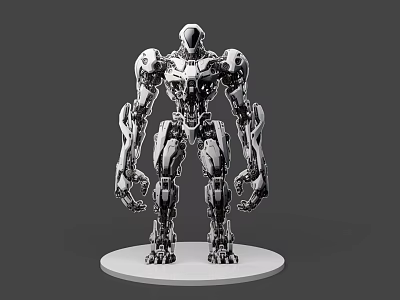 Futuristic Silver Robot Game Movie Character With Detailed Mechanical Design Standing On White Base 3d model