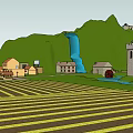 Medieval Ancient Architecture Castle With Towers Surrounding City Walls River And Farmland