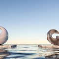 Modern Curved Light Colored Sculptures On Marble Platform With Water Reflection