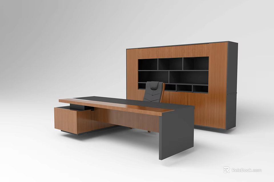 Modern Office Desk With Wooden And Black Design Shelving Cabinet And Ergonomic Chair 3d model 