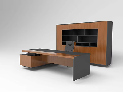 Modern Office Desk With Wooden And Black Design Shelving Cabinet And Ergonomic Chair 3d model