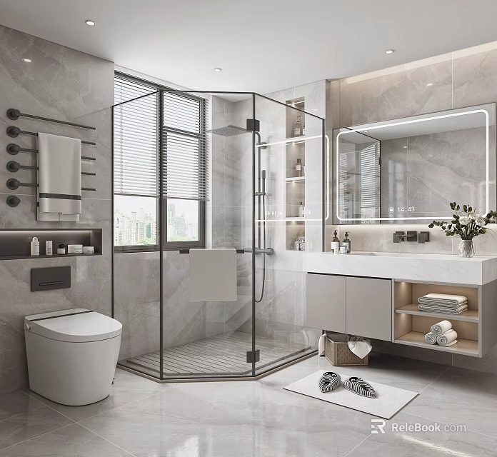 Modern Bathroom Interior With Glass Shower Enclosure Marble Walls Vanity Mirror And Storage Cabinets 3d model 