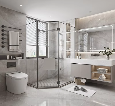Modern Bathroom Interior With Glass Shower Enclosure Marble Walls Vanity Mirror And Storage Cabinets 3d model