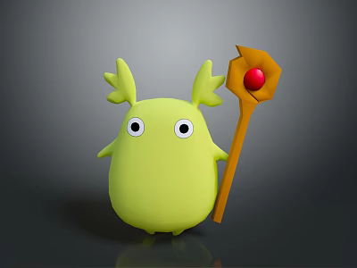 Cute Green Creature Character With Horns Holding Wooden Staff With Red Orb On Dark Background 3d model