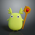 Cute Green Creature Character With Horns Holding Wooden Staff With Red Orb On Dark Background