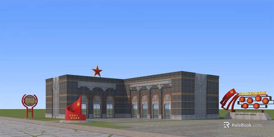 Traditional Homestay Building With Red Star Red Flag And Arched Windows Design 3d model 