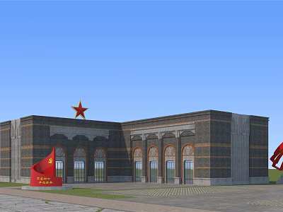 Traditional Homestay Building With Red Star Red Flag And Arched Windows Design 3d model